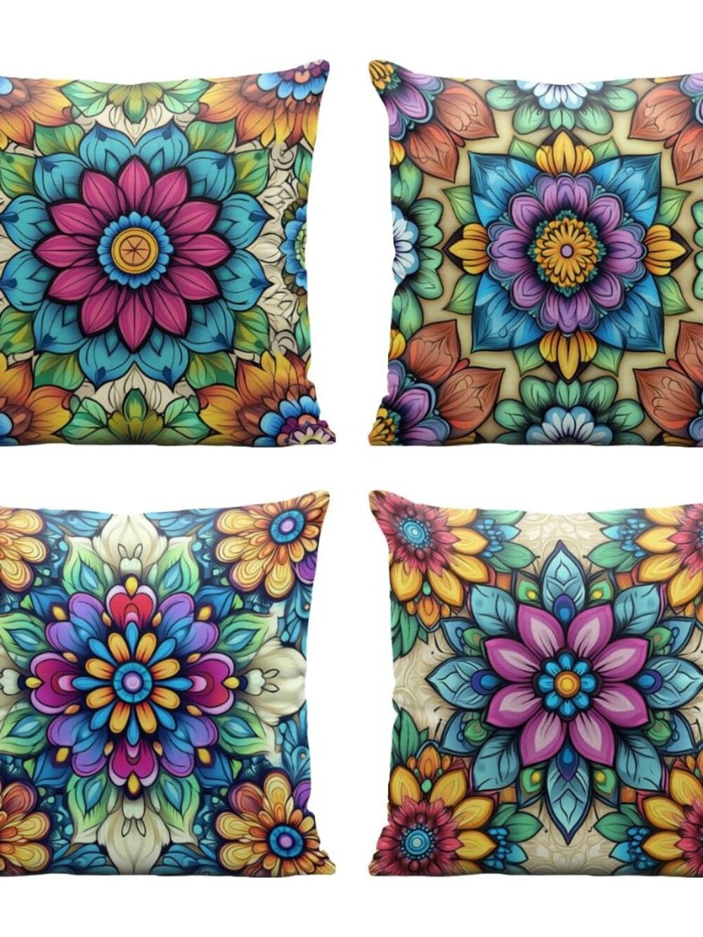 Boho Mandala Floral Pillow Covers 18x18 Inch Set of 4 Colorful Flowers